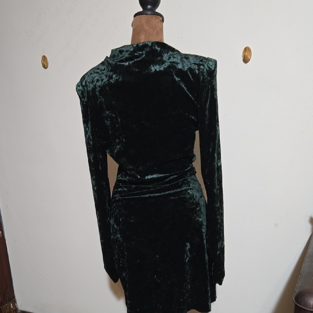 DR2 NWT Zara Emerald Green Side Zip Draped Dress Sz Sm Velvet Ruched Sleeve - Picture 8 of 13